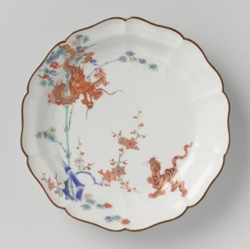 Lobed dish with dragon, tiger, bamboo and prunus