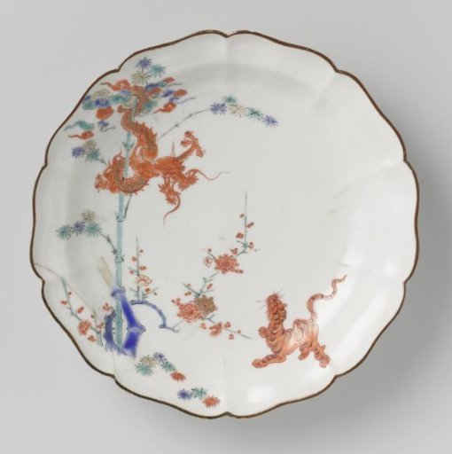Lobed dish with dragon, tiger, bamboo and prunus