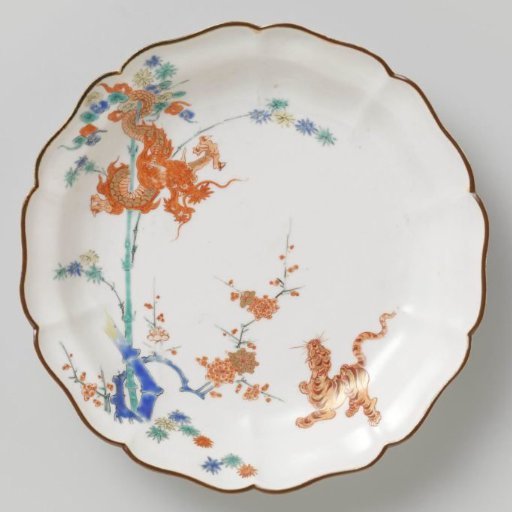 Lobed dish with dragon, tiger, bamboo and prunus