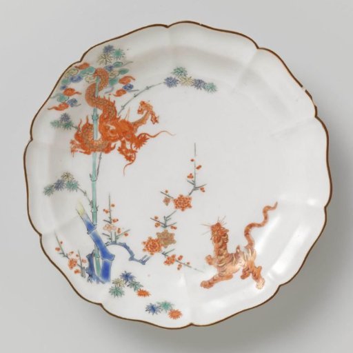 Lobed dish with dragon, tiger, bamboo and prunus
