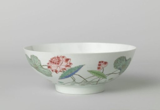 Shallow, straight-sided bowl with lotus plant, swimming duck and butterflies