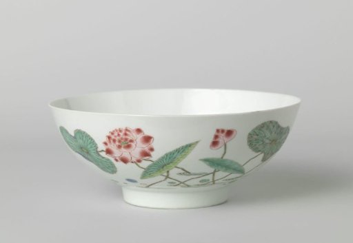 Shallow, straight-sided bowl with lotus plant, swimming duck and butterflies