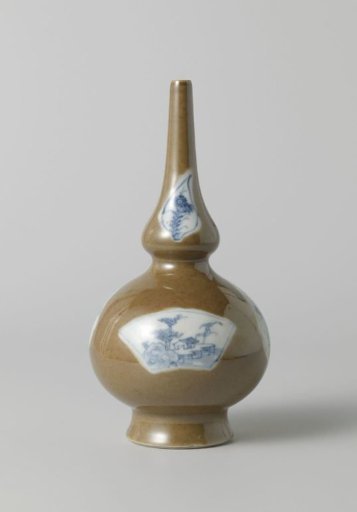 Rosewater sprinkler or bottle with light brown, flower sprays and landscapes