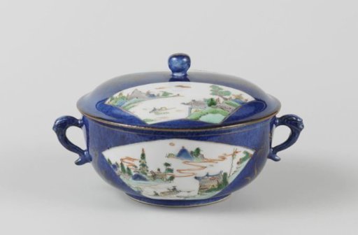 Covered bowl with powder blue and river landscapes