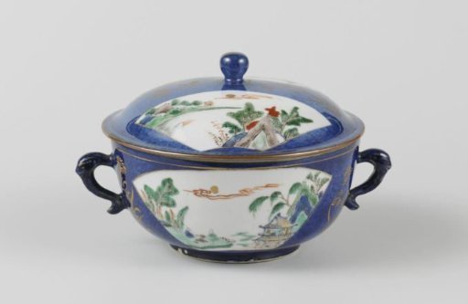 Covered bowl with powder blue and river landscapes