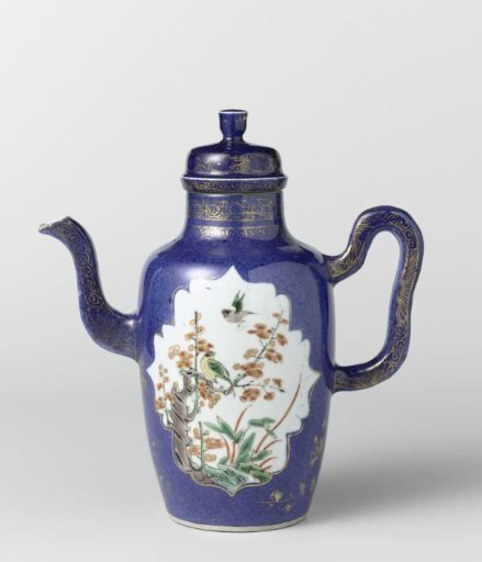 Covered ewer with powder blue and panels in reserve with flower sprays and birds
