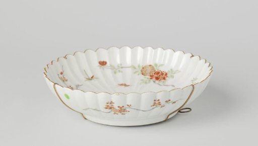 Suacer-dish with fluted sides and insects, peony and prunus sprays