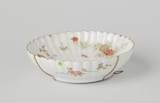Suacer-dish with fluted sides and insects, peony and prunus sprays