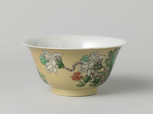 Bell-shaped bowl with underglaze light brown with rocks and flowers