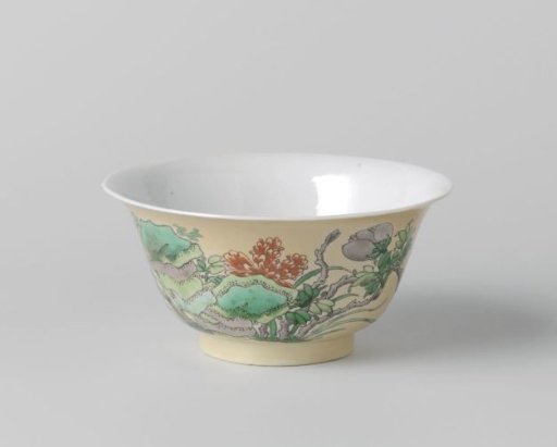Bell-shaped bowl with underglaze light brown with rocks and flowers