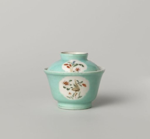 Bell-shaped covered cup with flowering plants in shaped panels