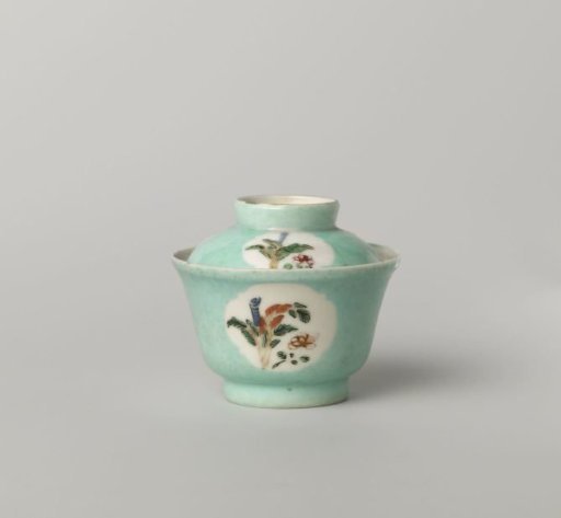 Bell-shaped covered cup with flowering plants in shaped panels