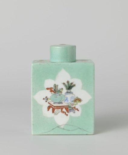 Rectangular tea caddy covered with a light blue glaze and antiquities in panels