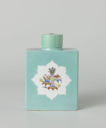 Rectangular tea caddy covered with a light blue glaze and antiquities in panels