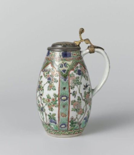 Tankard with flower sprays in panel decoration and cover of tin