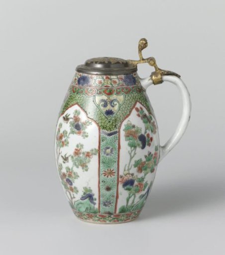 Tankard with flower sprays in panel decoration and cover of tin