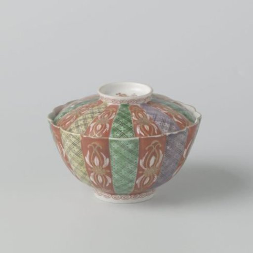 Covered bowl with scrolls, diaper pattern and scattered flowers