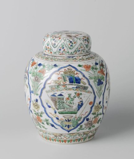 Ovoid covered jar with flowering plants and antiquities