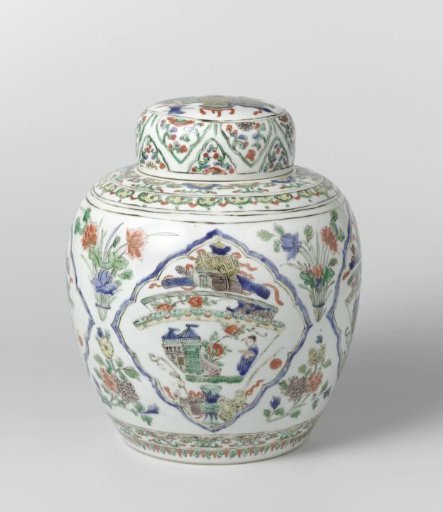Covered, ovoid jar with antiquities and flower sprays