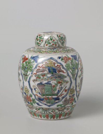 Covered, ovoid jar with antiquities and flower sprays