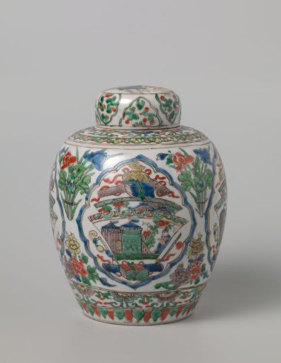 Covered, ovoid jar with antiquities and flower sprays
