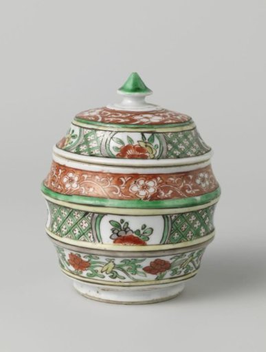 Barrel-shaped covered jar with flower scrolls and geometric patterns