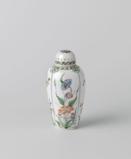Ovoid covered jar with flowering plants in panels