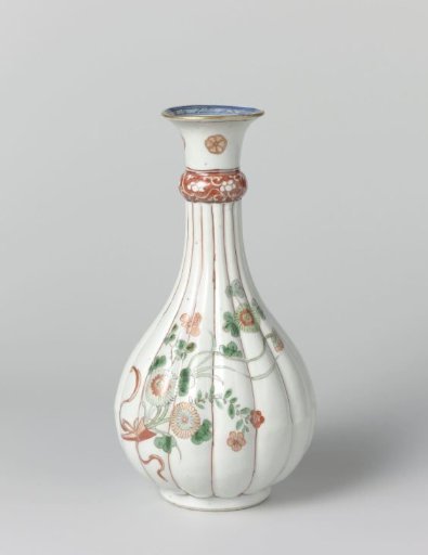 Pear-shaped, lobed vase with two bouquets and flower scrolls
