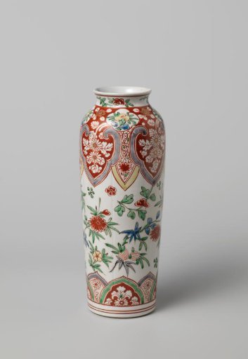 Cilindrical vase with flower sprays and scrolls in shaped panels