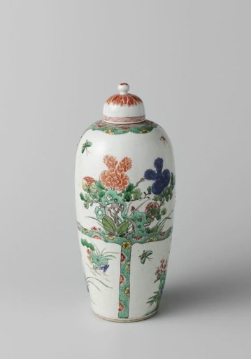 Ovoid covered jar with flowering plants in panels