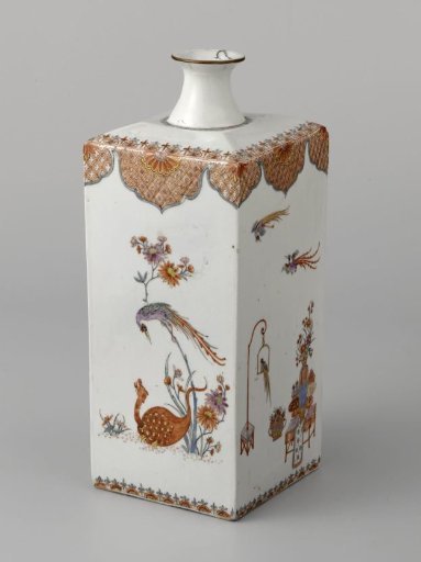 Square bottle with flowering plants, a dragon, birds, flower vases and insects