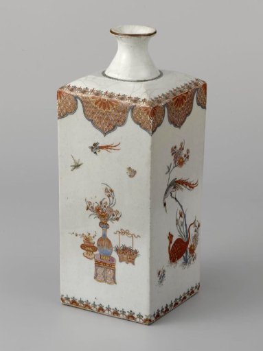 Square bottle with flowering plants, a dragon, birds, flower vases and insects