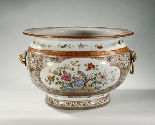 Fish bowl with floral scrolls, flowering plants, birds and insects