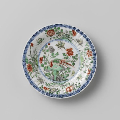 Saucer with rocks, flower sprays, pheasant and butterflies