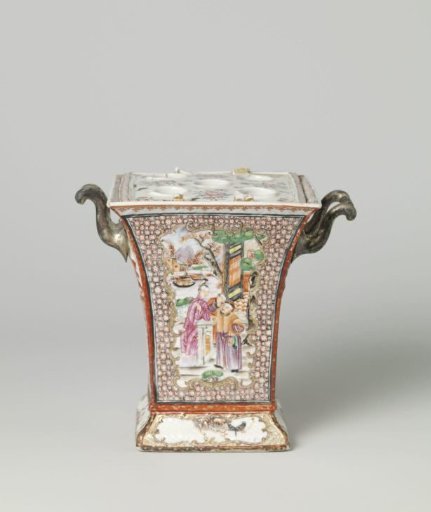 Square bough pot with figures on a terrace, birds and flower sprays