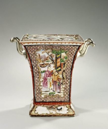 Square bough pot with figures on a terrace, birds and flower sprays