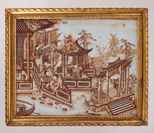 Panel with People in Pavilions near a Pond