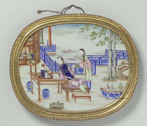 Plaque depicting a woman at a desk and her servant