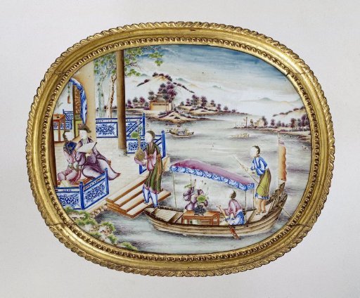 Oval panel with figures in a water landscape
