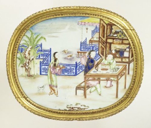 Oval panel with a woman, her servant and a boy on a fenced terrace