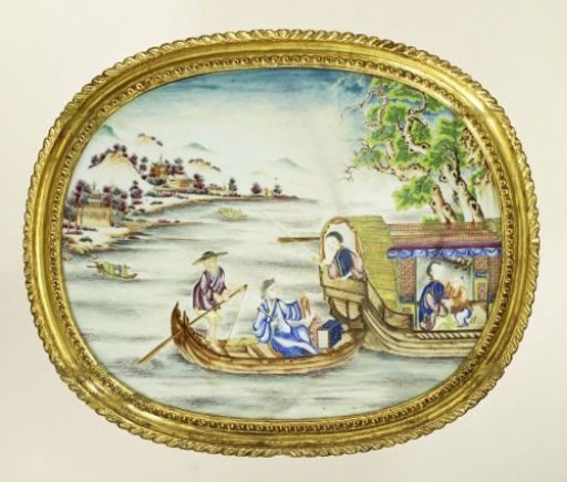 Oval panel with figures in boats in a river landscape