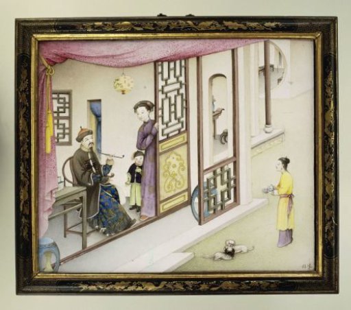 Plaque with a painted enamel scene: figures in a pavilion