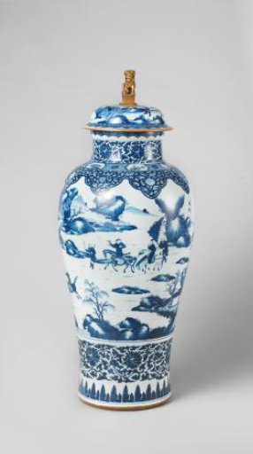 Baluster vase with a hunting scene and borders with floral scrolls