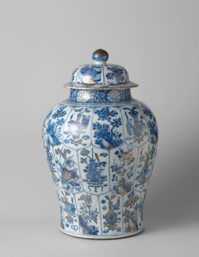 Baluster covered jar with flowering plants and auspicious symbols in panels