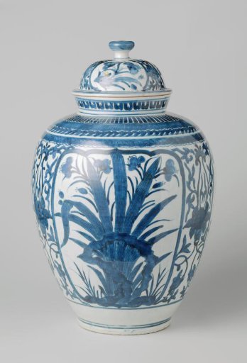 Ovoid covered jar with flowering plants near rocks and lotus scrolls