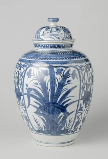 Ovoid covered jar with flowering plants near rocks and lotus scrolls