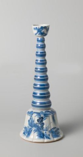 Candlestick with a conical bulb stem and candleholder and base with a water landscape