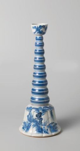 Candlestick with a conical bulb stem and candleholder and base with a water landscape