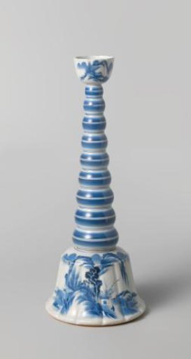 Candlestick with a conical bulb stem and candleholder and base with a water landscape