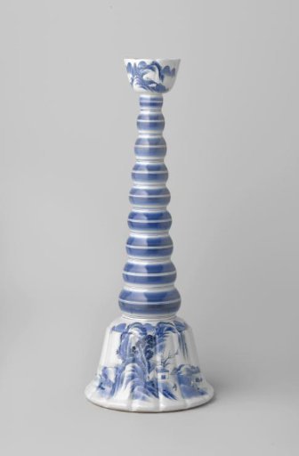 Candlestick with a conical bulb stem and candleholder and base with a water landscape